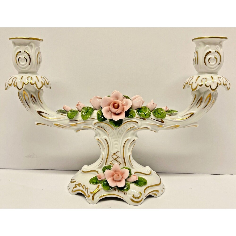 Vintage AK W. Germany Double Porcelain Candle Holder 700–Pink Rose Dresden Style